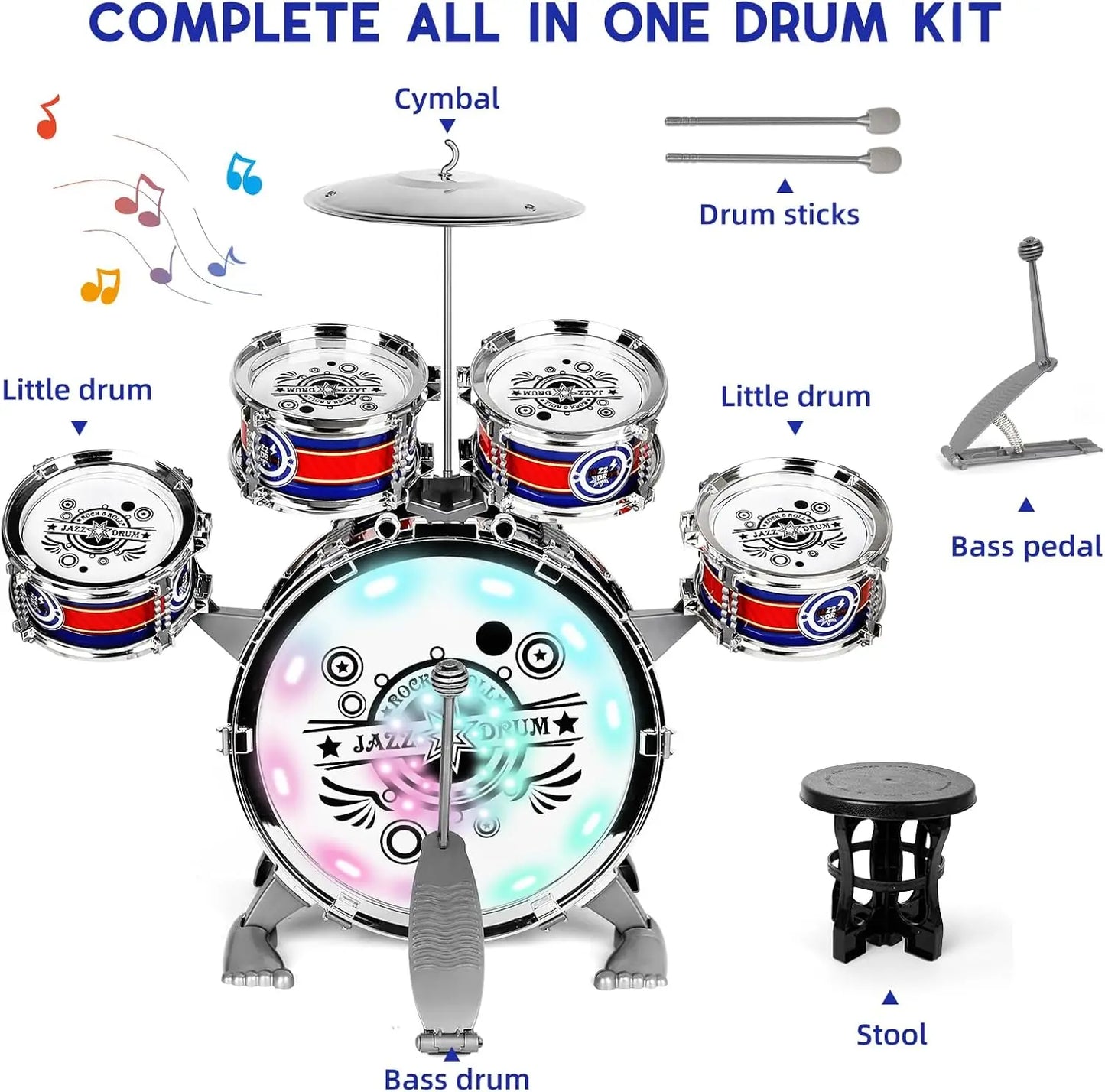 SANMERSEN Mini Jazz Drum Set for Beginners with LED