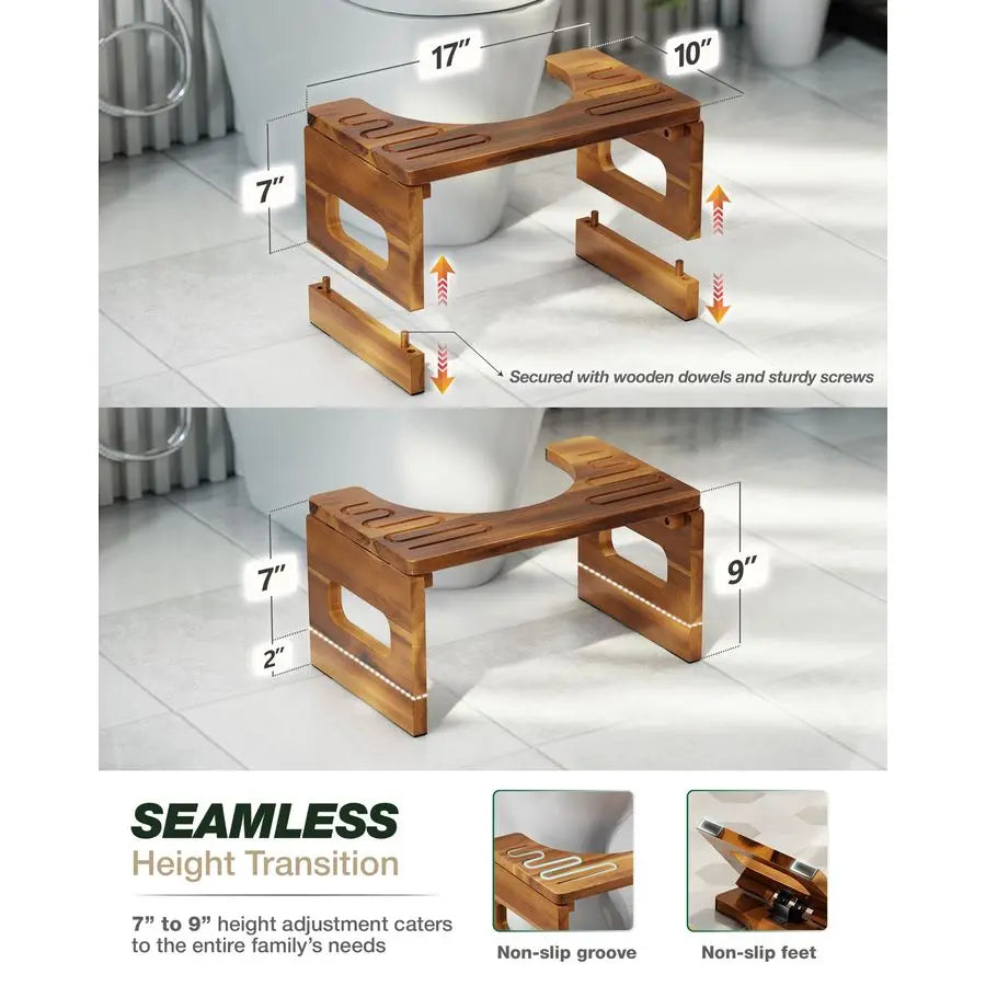 Foldable Toilet Stool Acacia Wood With Adjustable Heights