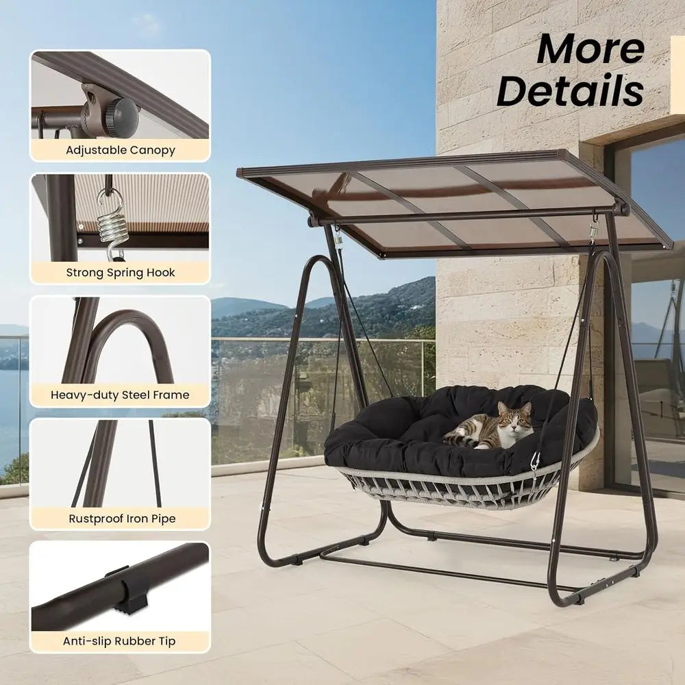 Weatherproof Rattan Swing Chair With Cushions And Adjustable Hardtop For Patio