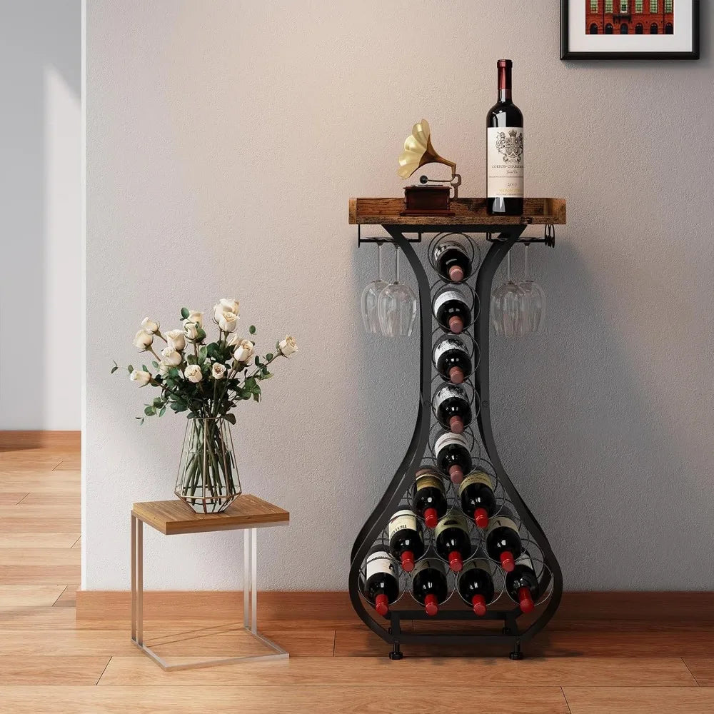 XIUWO Freestanding Wood Wine Rack With Glass Holder
