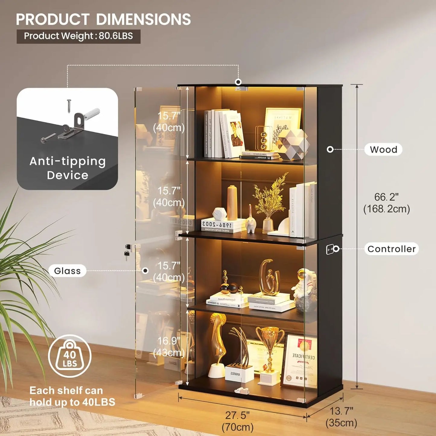 ZHILU Lighted Glass Display Cabinet Four Tier Collectibles