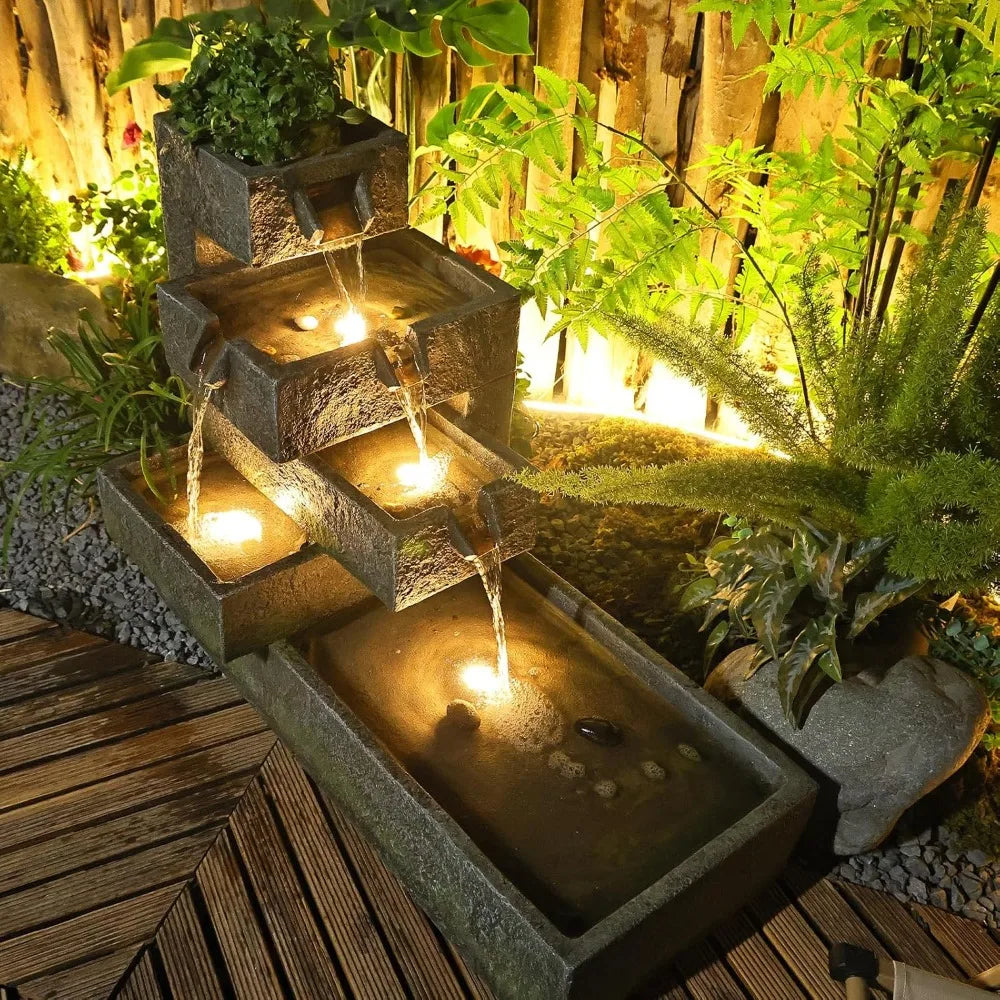 Tiered Outdoor Water Fountain Cascade With LED Lighting