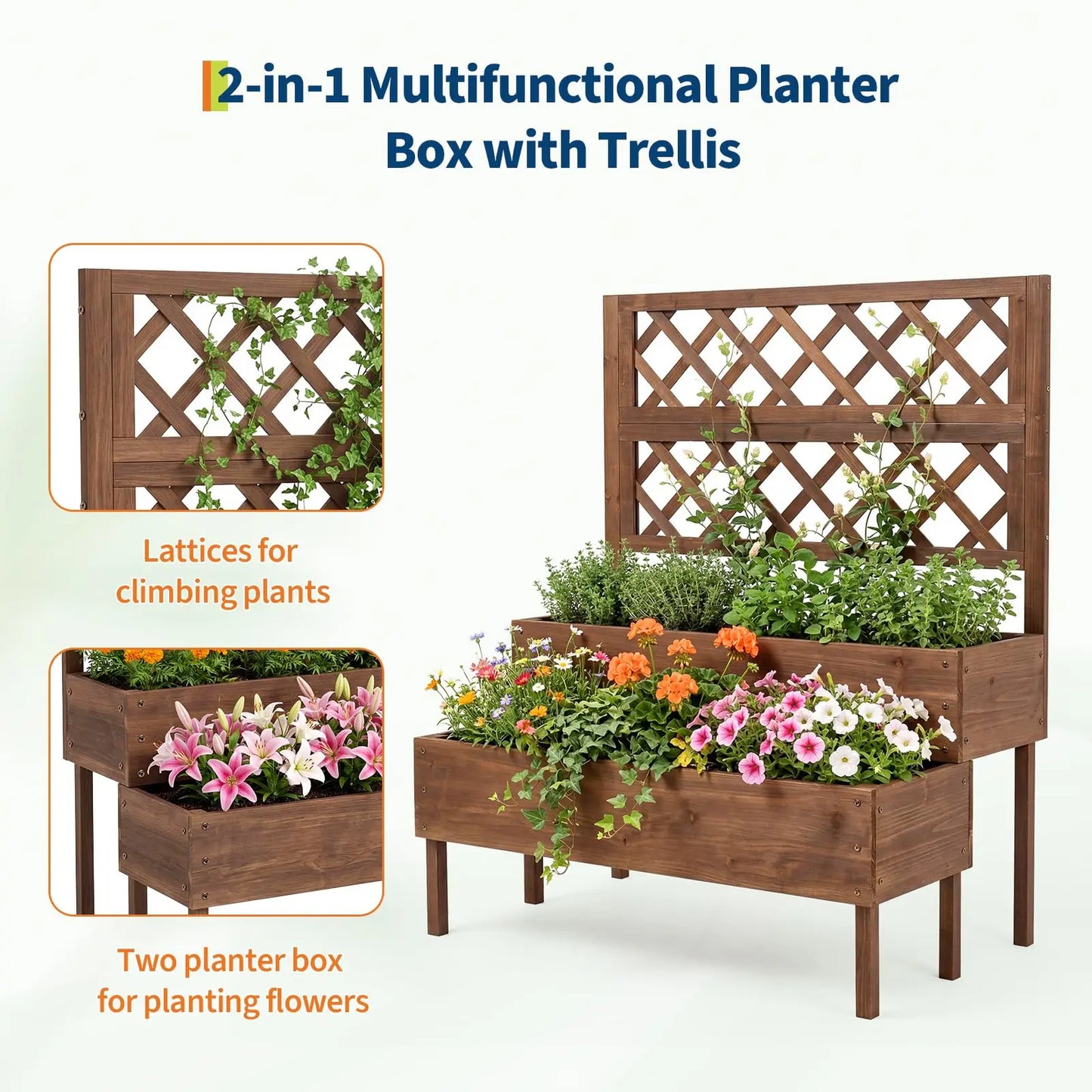 HiMISS Wooden Raised Garden Bed With Trellis And Legs