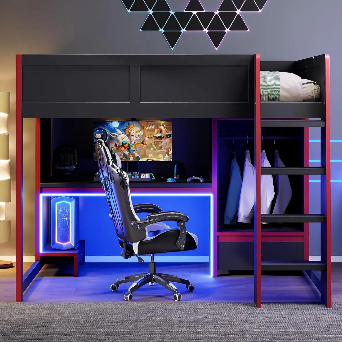 Wood Gaming Loft Bed With Desk Storage LED ChargingStation