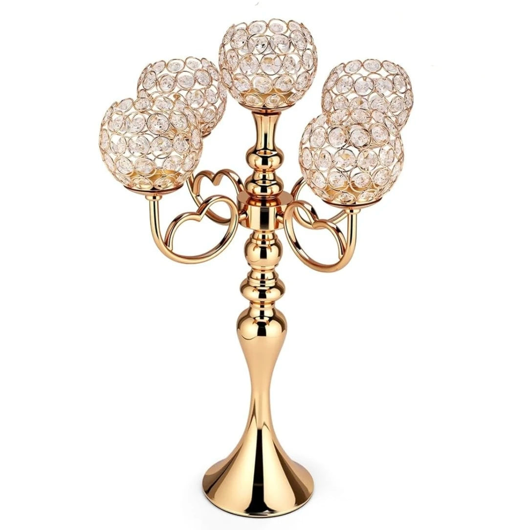 5-Arm Crystal Tealight Candle Stand Heart Shape Wedding Centerpiece