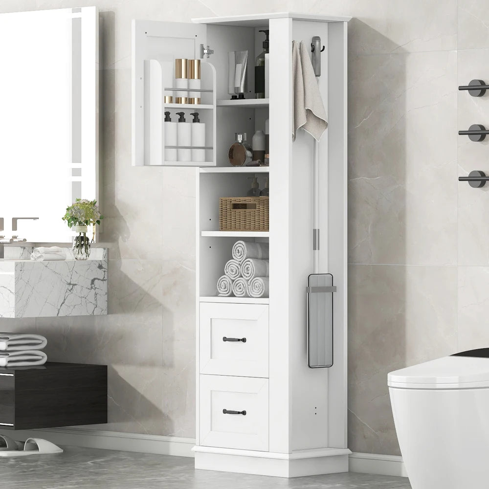 Tall Bathroom Storage Cabinet With Hook And Adjustable Shelf