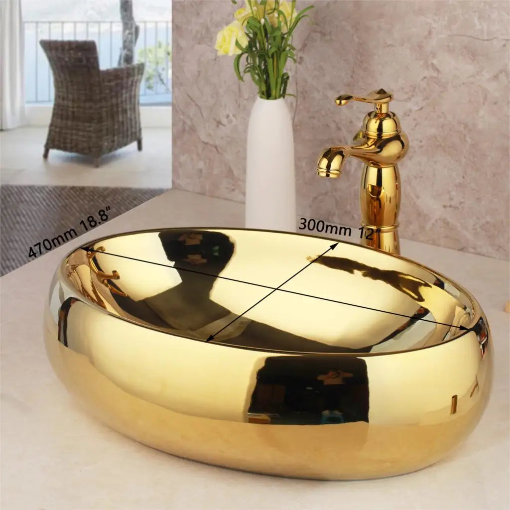 KEMAIDI Ceramic Oval Vessel Sink With Waterfall Faucet
