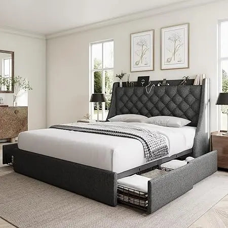 RBXC Bed Frame With Storage Drawers And Wingback Headboard