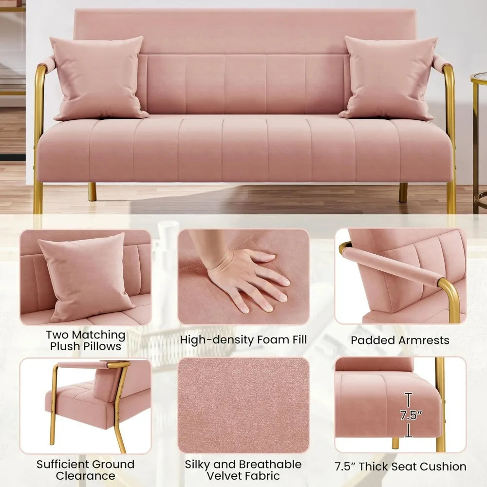 56.5 Inch Modern Velvet Sofa with Gold-Tone Metal Arms for Living Room