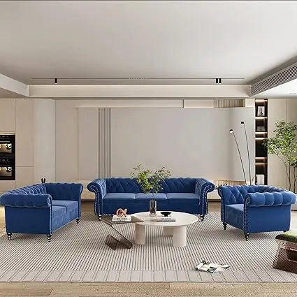 DAFIFY Velvet Chesterfield Sofa Loveseat Chair Set Premium