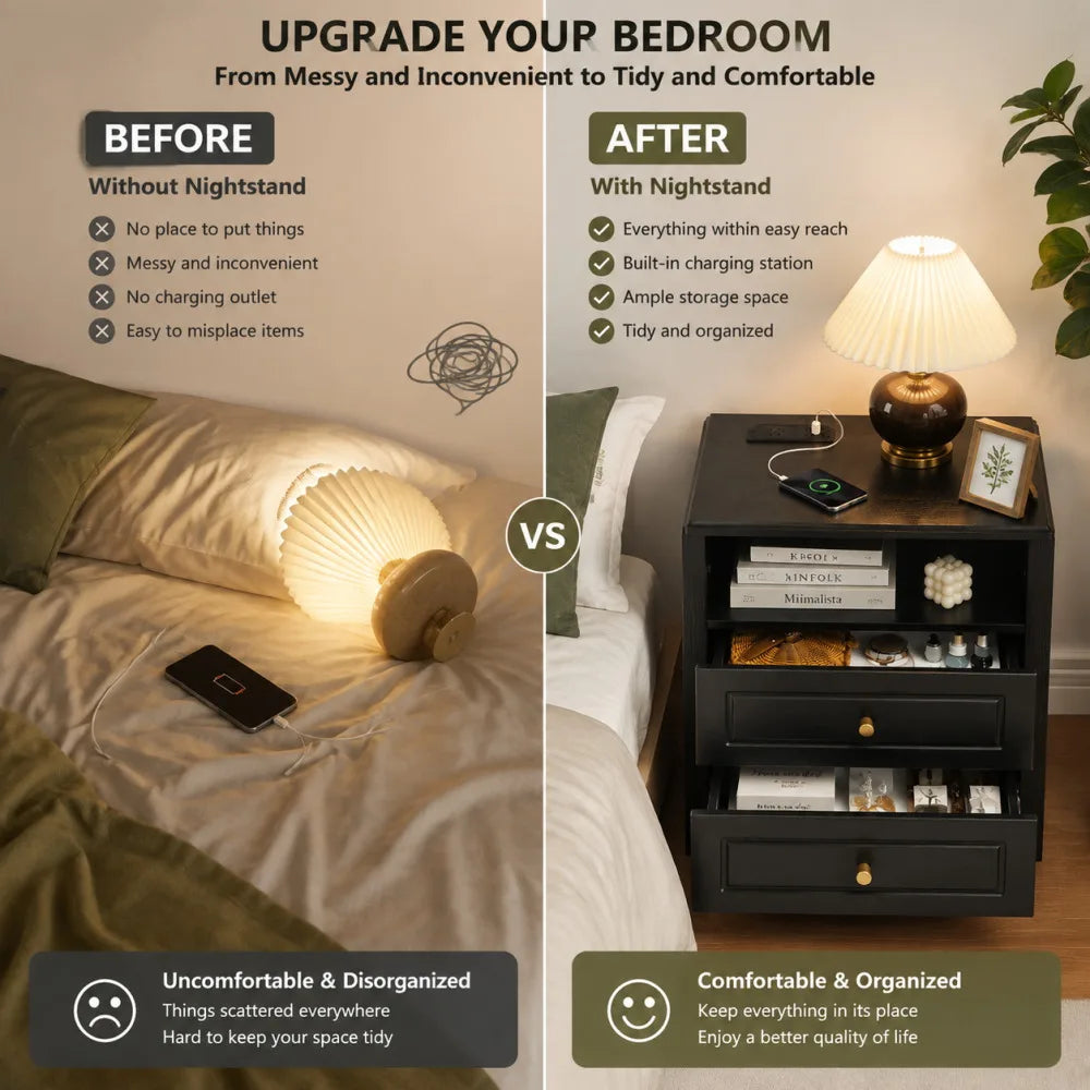 Modern Wooden Nightstand With Charging Station Open Shelf