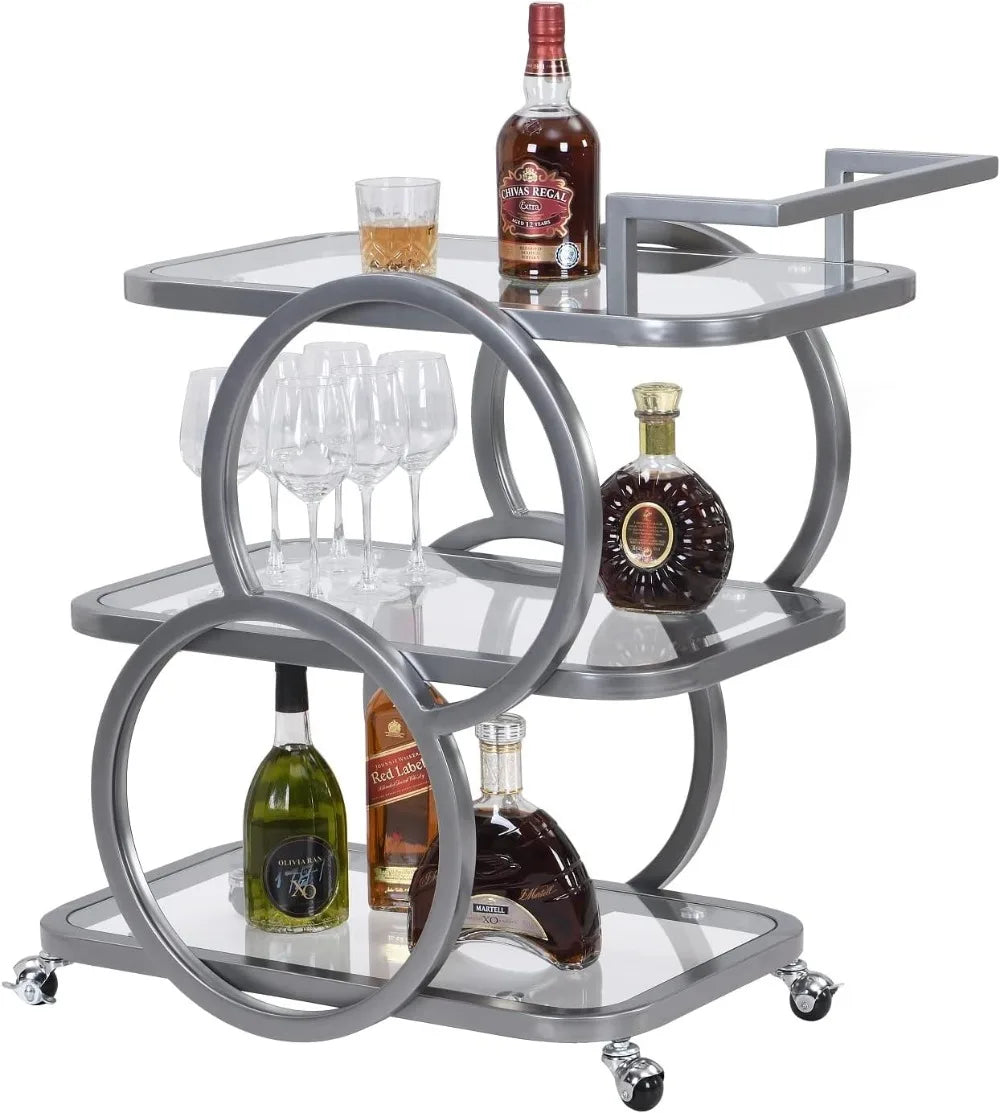 Three Tier Bar Cart With Wheels And Crystal Shelves