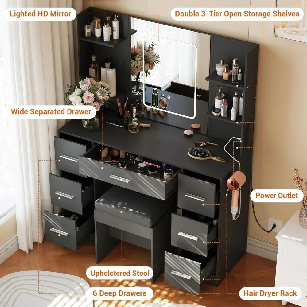 Vanity Table with Large Mirror and Adjustable LED Lighting and Chair