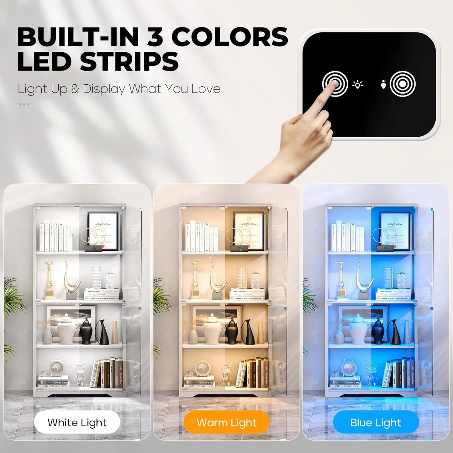 XMSJ Glass Display Cabinet With 4 Tier Curio Shelves And LED Lighting For Collectibles