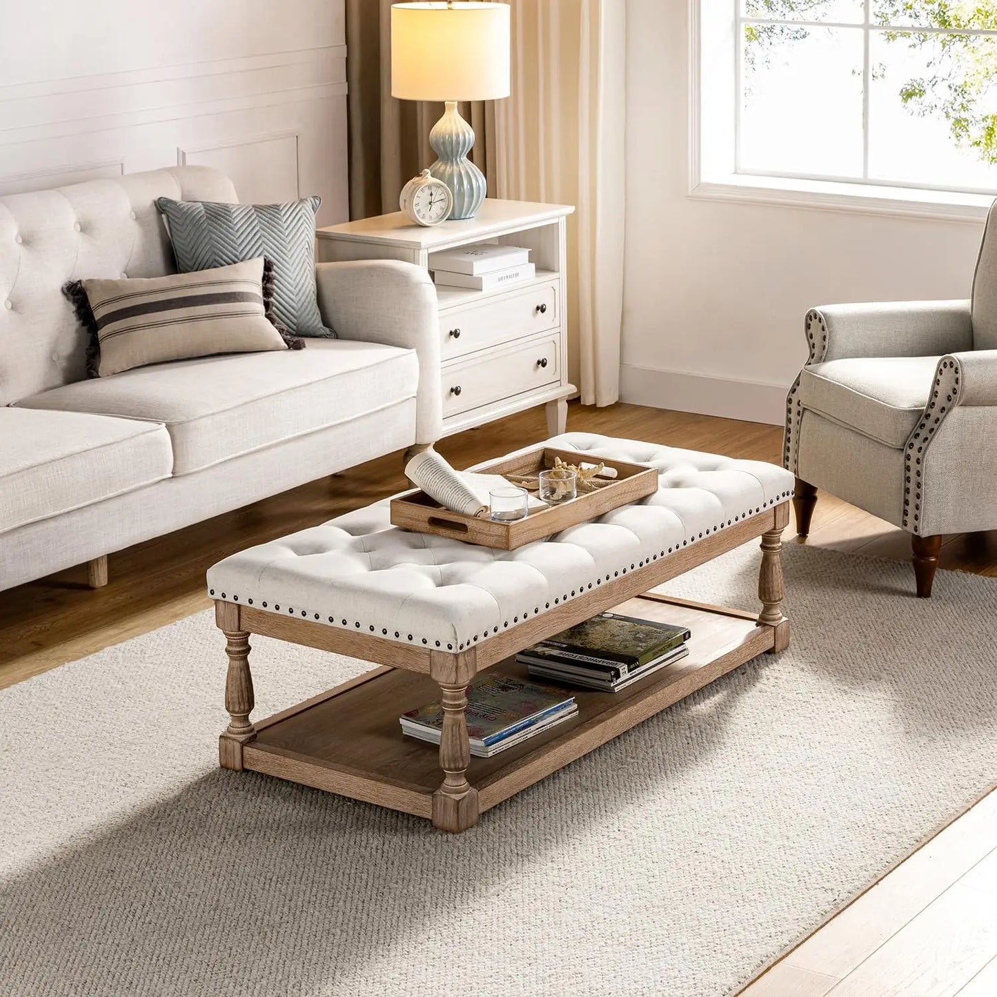 Rectangle Ottoman Coffee Table With Tray And Tufted Wood Storage Shelf