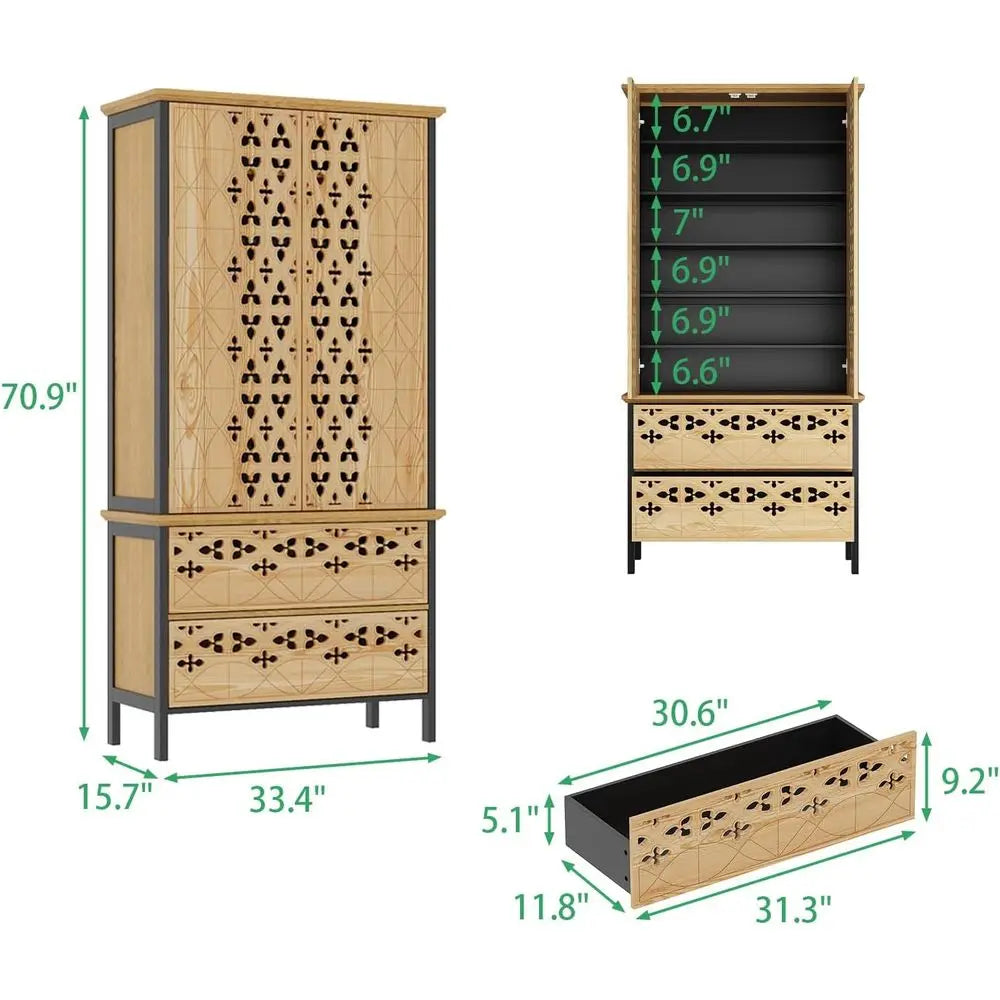 Handmade Bamboo Hollow Carved Storage Cabinet With Five Shelves
