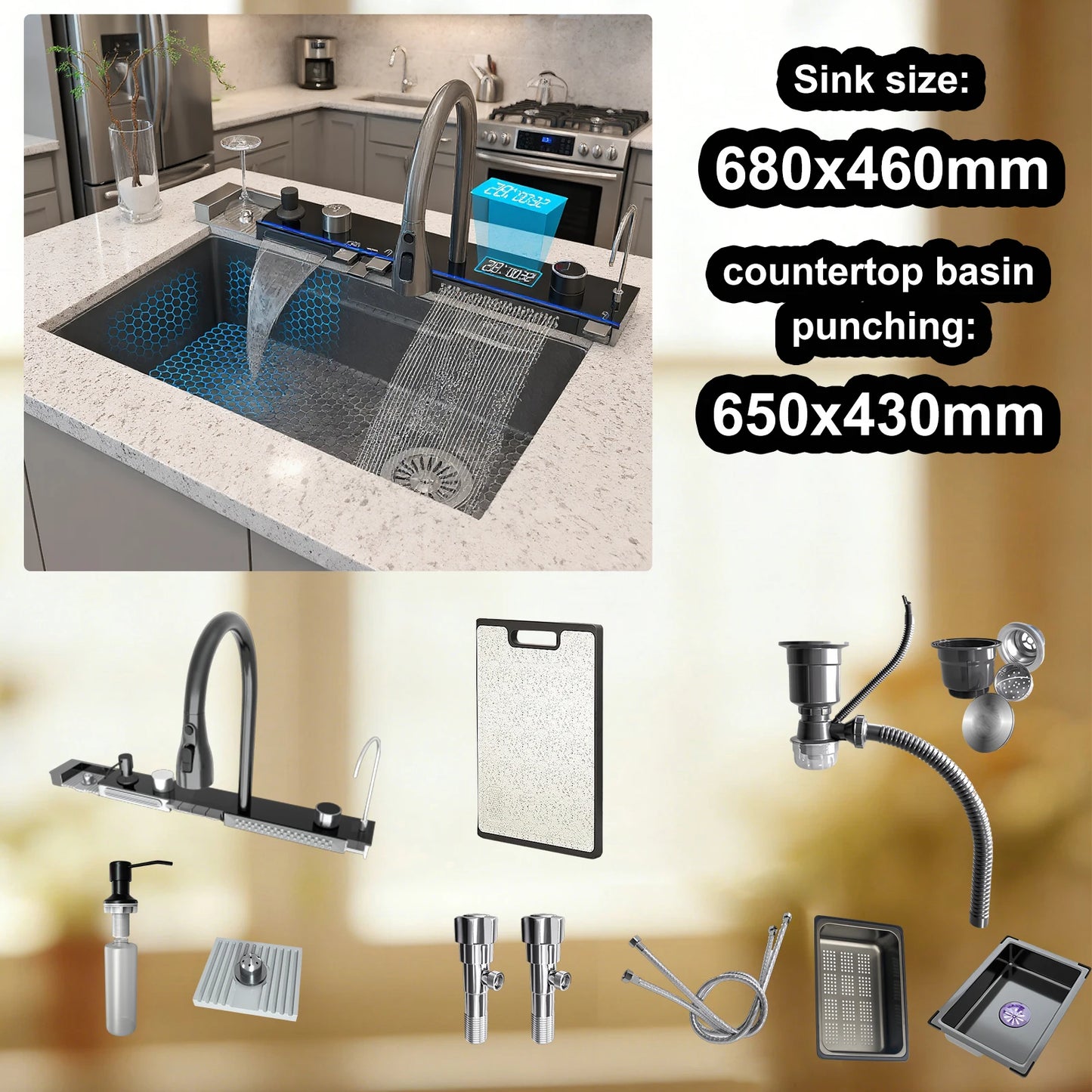 TELISIYA 304 Stainless Steel Waterfall Kitchen Sink With Digital Display Faucet