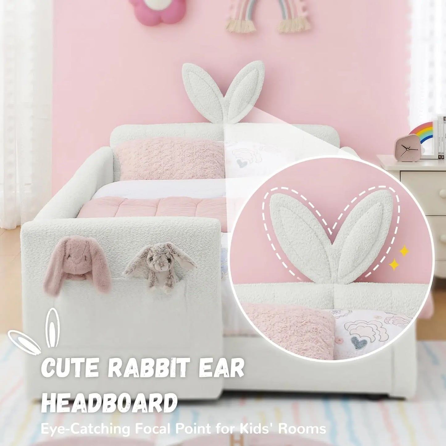 Boucle Upholstered Rabbit Ear Headboard Platform Bed For Kids