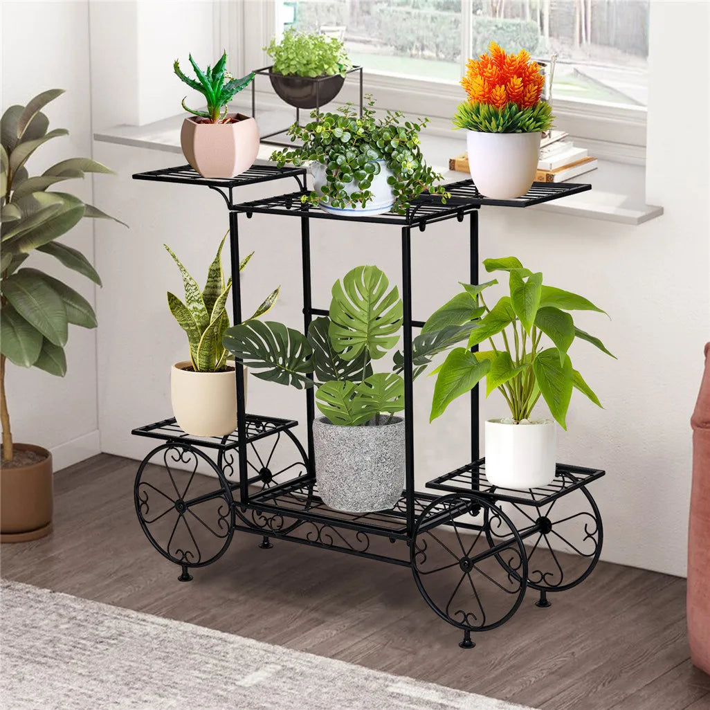 Metal Garden Cart Plant Stand For Indoor Outdoor Flowers
