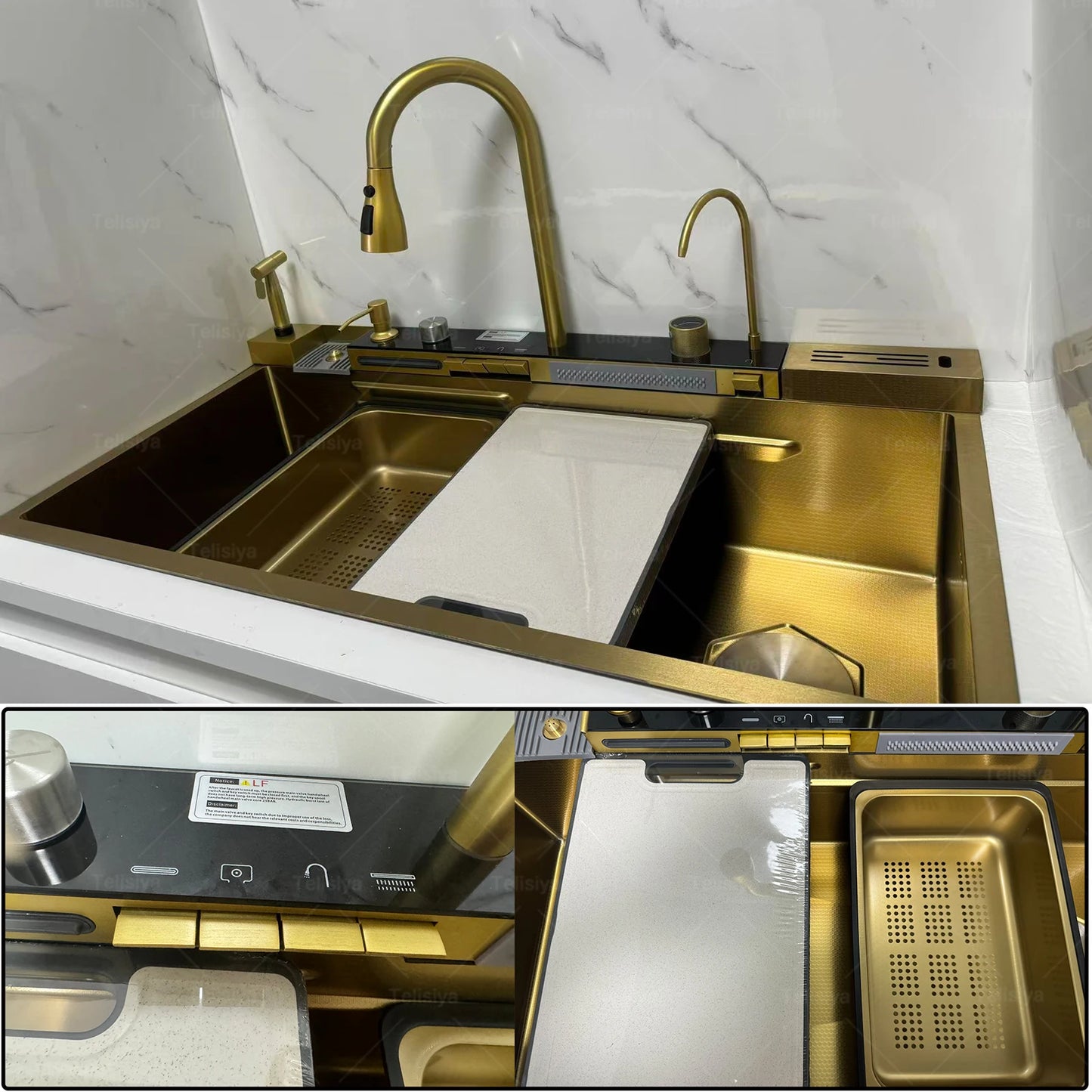 TELISIYA 304 Stainless Steel Waterfall Kitchen Sink With Digital Display Faucet