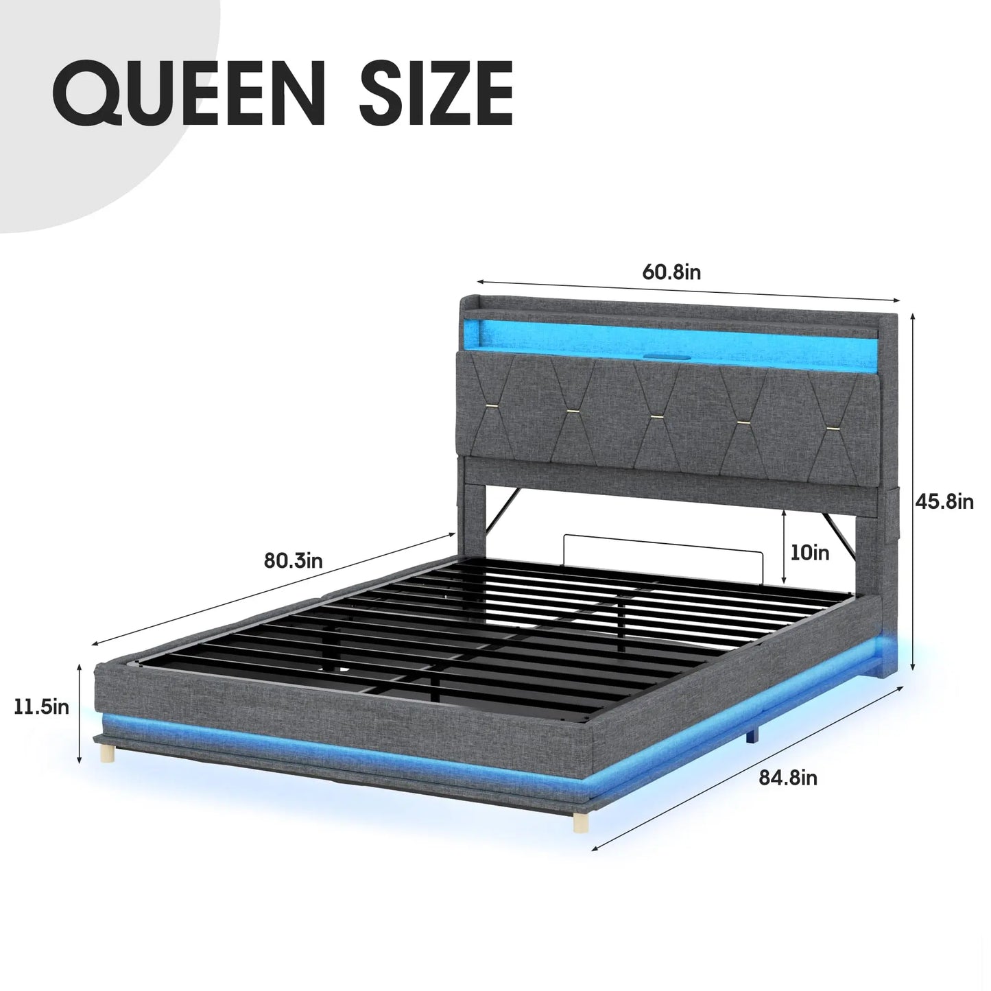 Vabches Lift Up Bed Frame With Storage Headboard LED