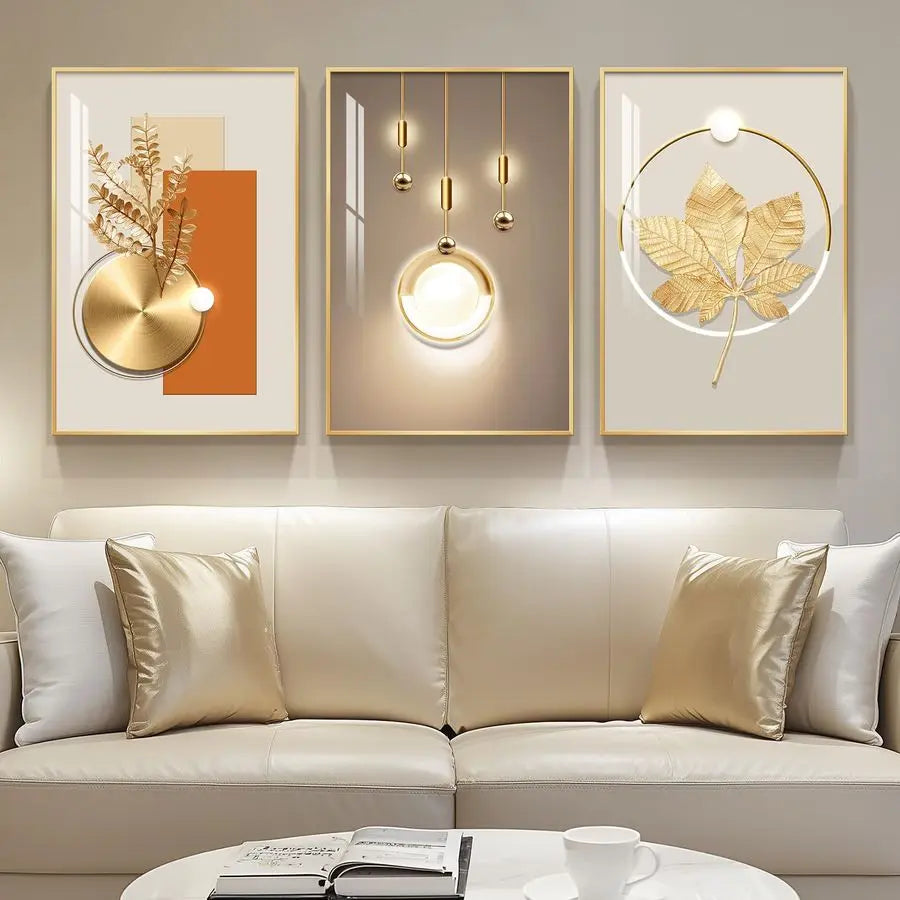 Contemporary Luxury Gold Wall Art Set of 3 Artworks