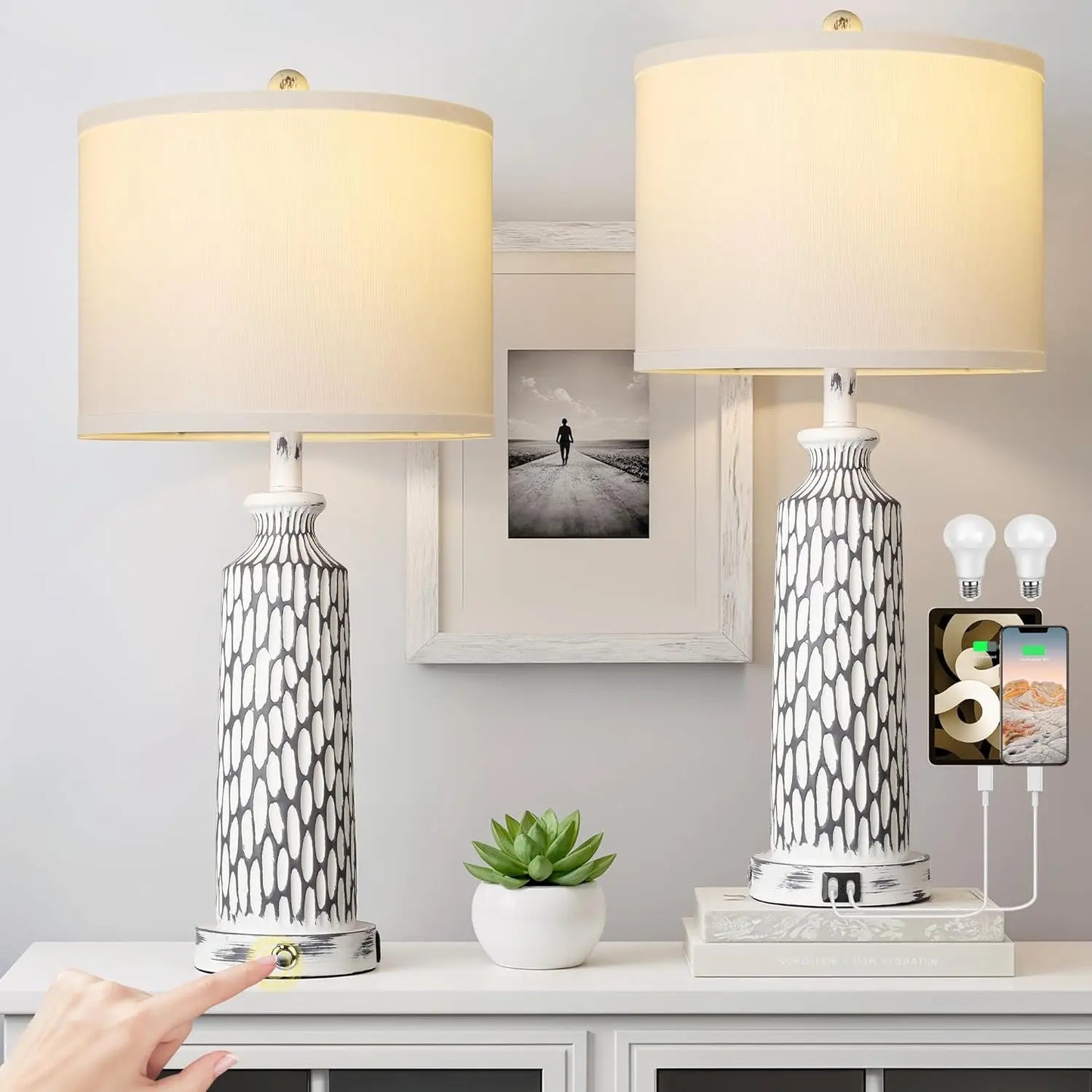 Modern Table Lamps Set Of 2 With USB A C Ports And 3 Way Dimmable Touch Control