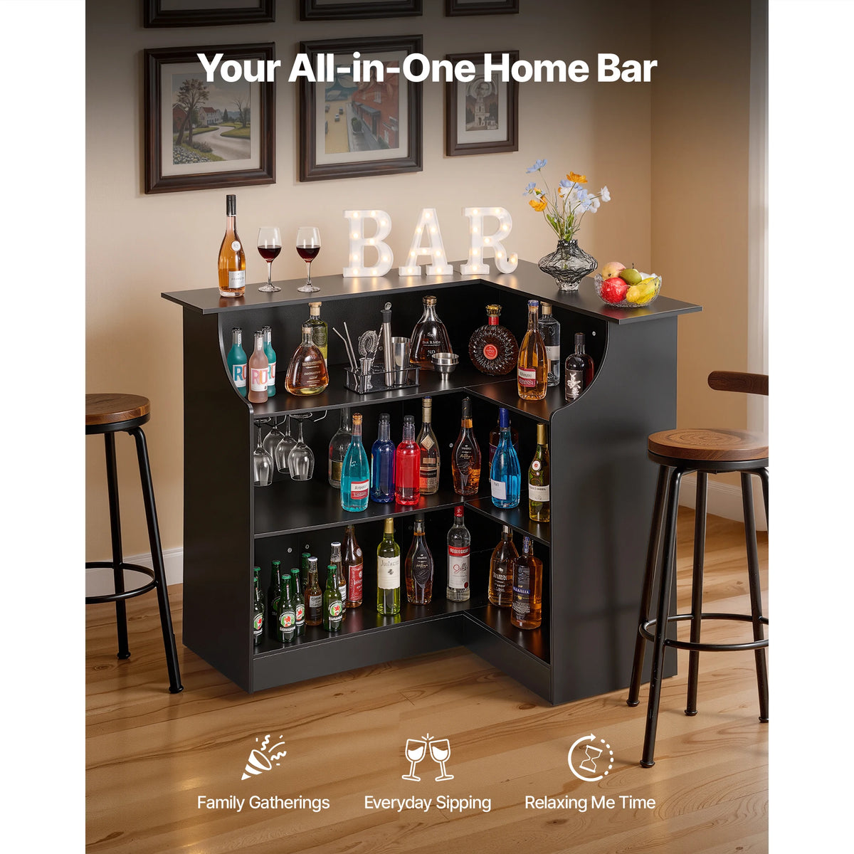 SucceBuy 300 Lbs Black L Shaped Wine Bar Cabinet