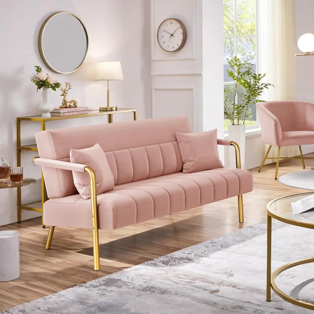 56.5 Inch Modern Velvet Sofa with Gold-Tone Metal Arms for Living Room