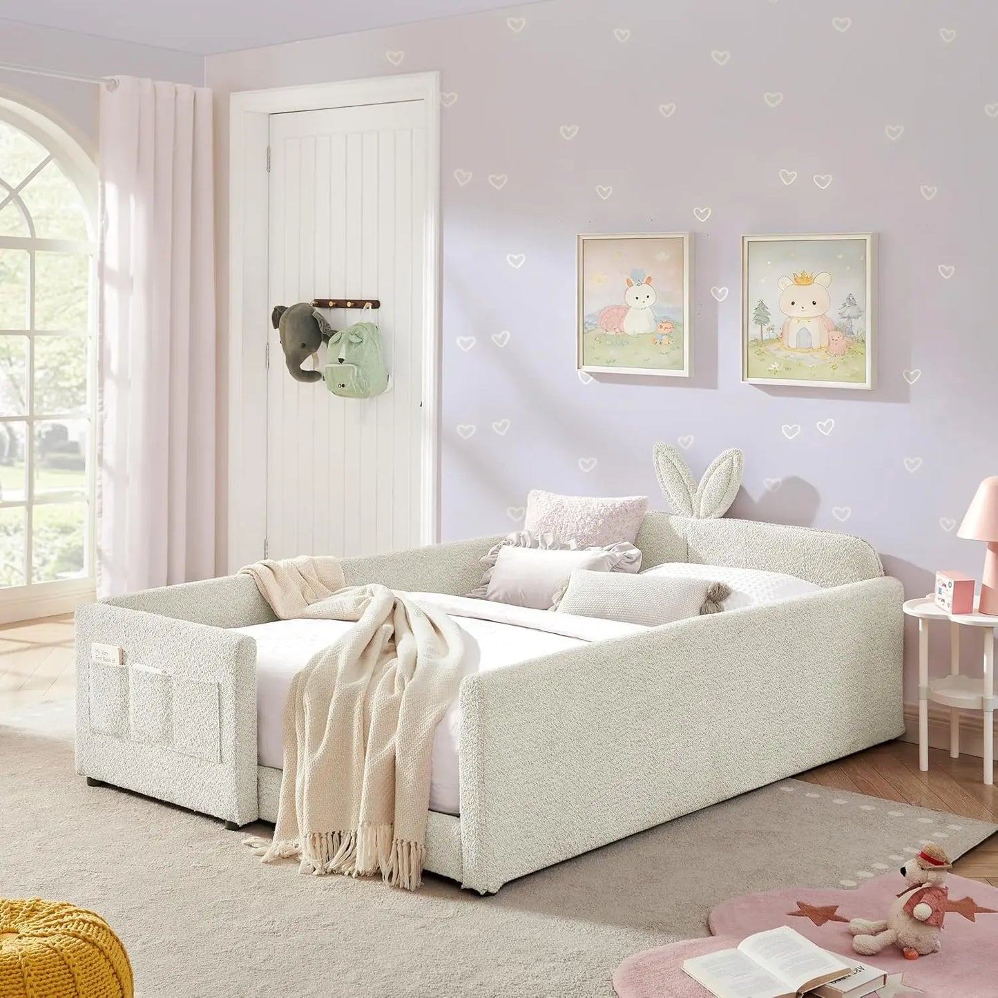 Boucle Upholstered Rabbit Ear Headboard Platform Bed For Kids