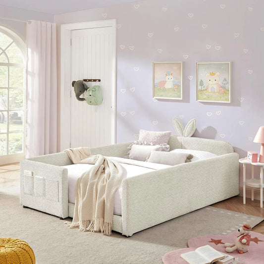 Boucle Upholstered Rabbit Ear Headboard Platform Bed For Kids