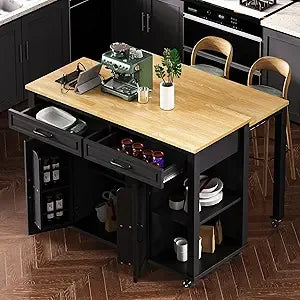 DAFIFY Kitchen Island on Wheels Extendable Table Power Outlet