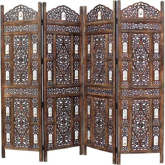 LuxeMerge Room Divider Wood Screen Ghanti Bells Four Panel