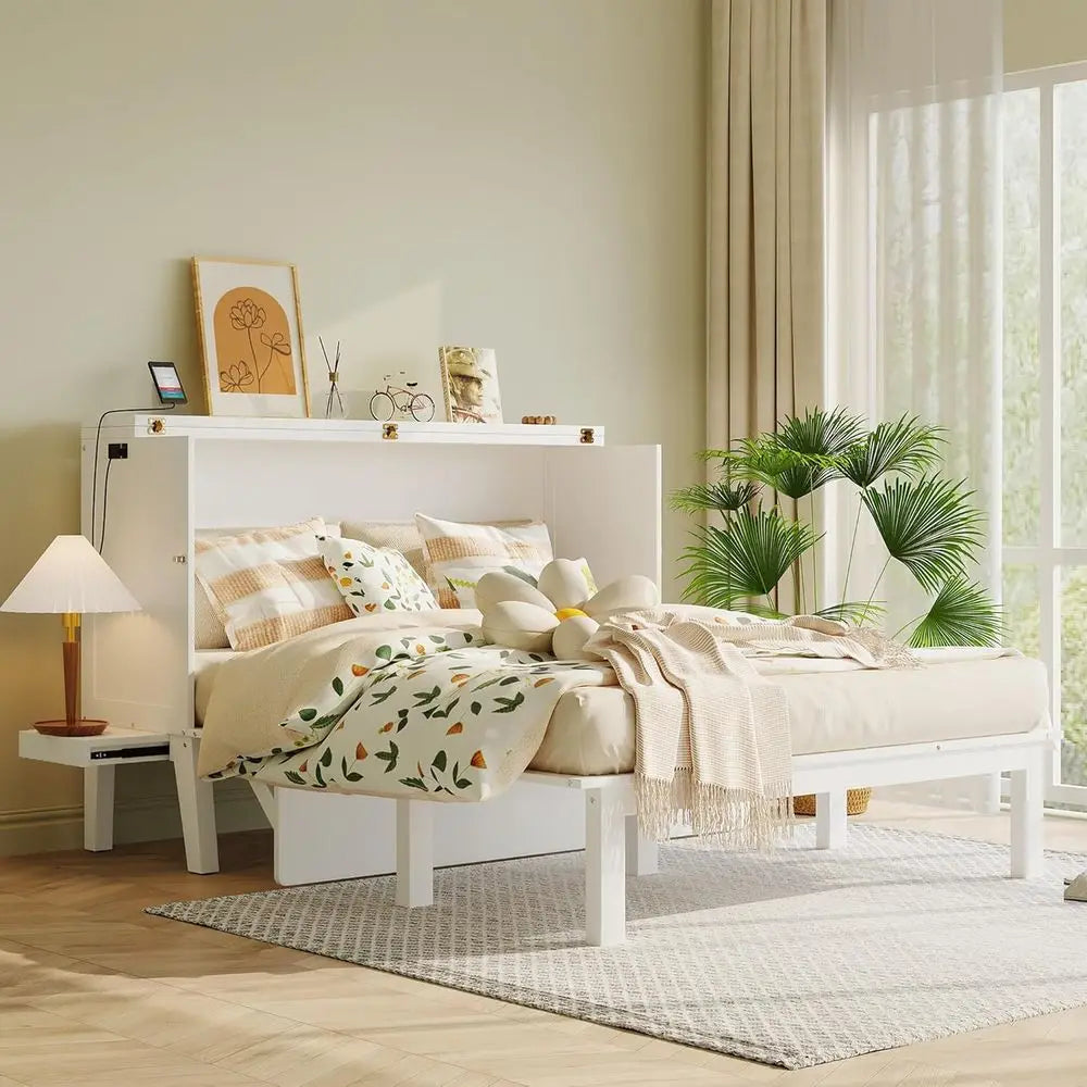White Queen Murphy Bed With Cabinet And USB Ports