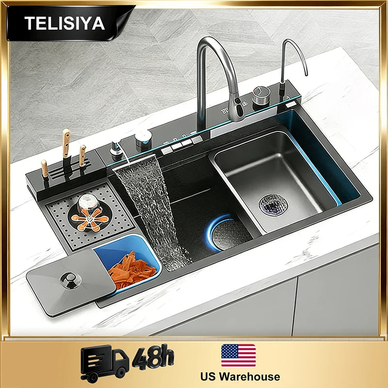 TELISIYA 304 Stainless Steel Waterfall Kitchen Sink With Digital Display Faucet