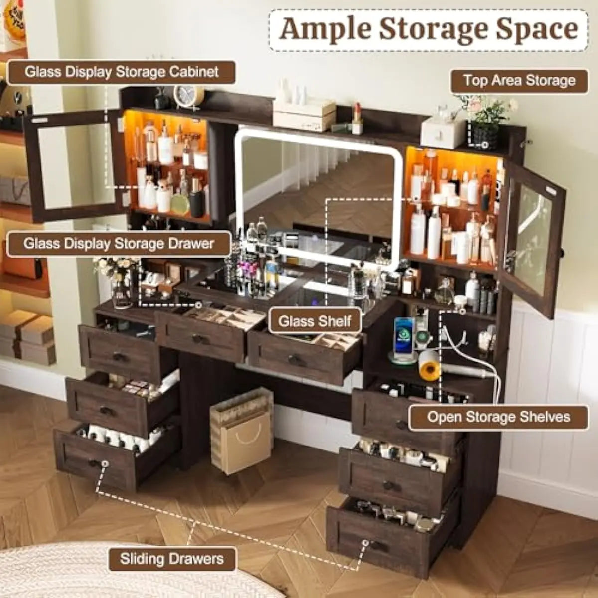 Rustic Farmhouse Vanity Desk With LED Mirror And Drawers