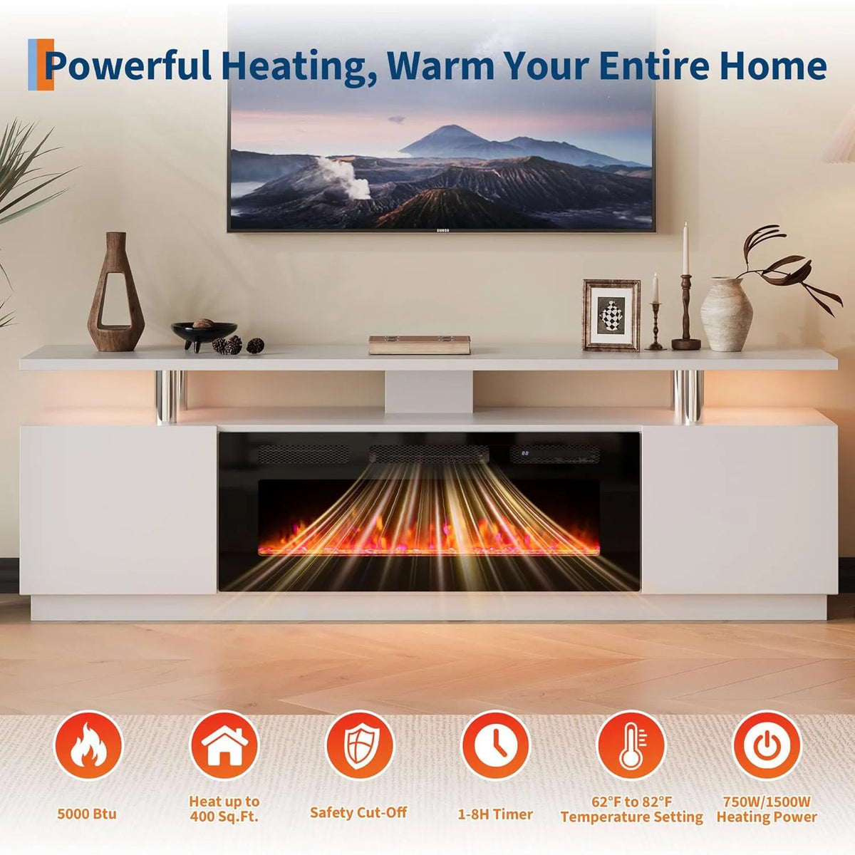 Adoolla Fireplace TV Stand With Electric Heater LED Lights And Storage