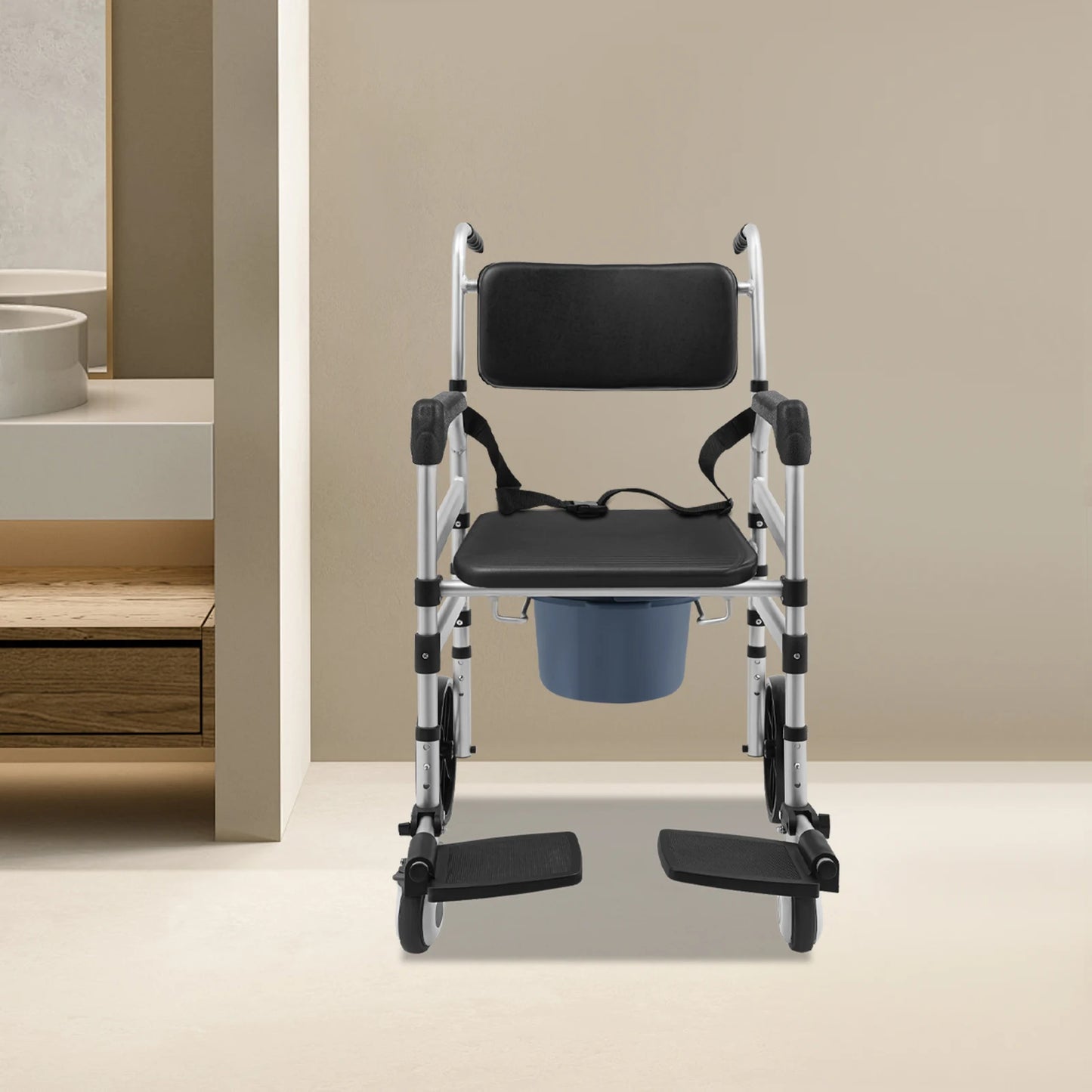 Foldable Rolling Shower Chair With Aluminum Height Adjustment Commode
