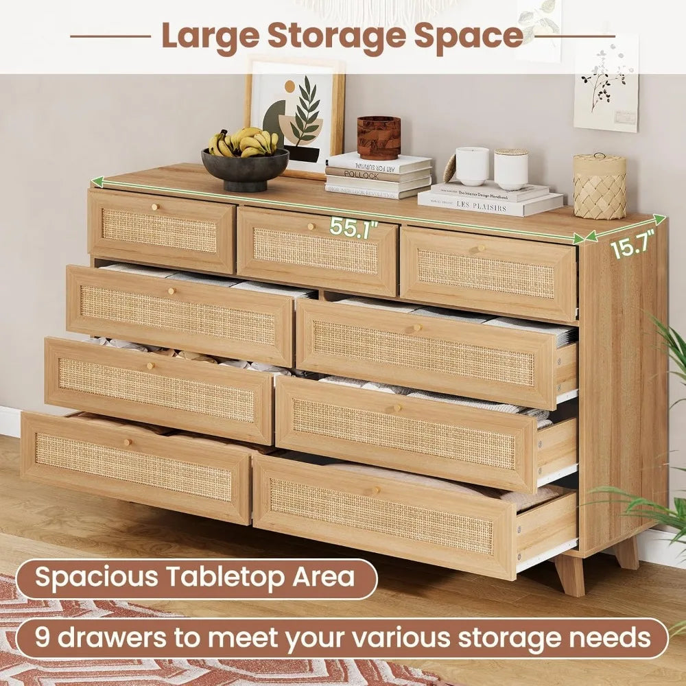 Rattan Dresser with 9 Drawers Natural Finish Modern Wooden Tall Cabinet