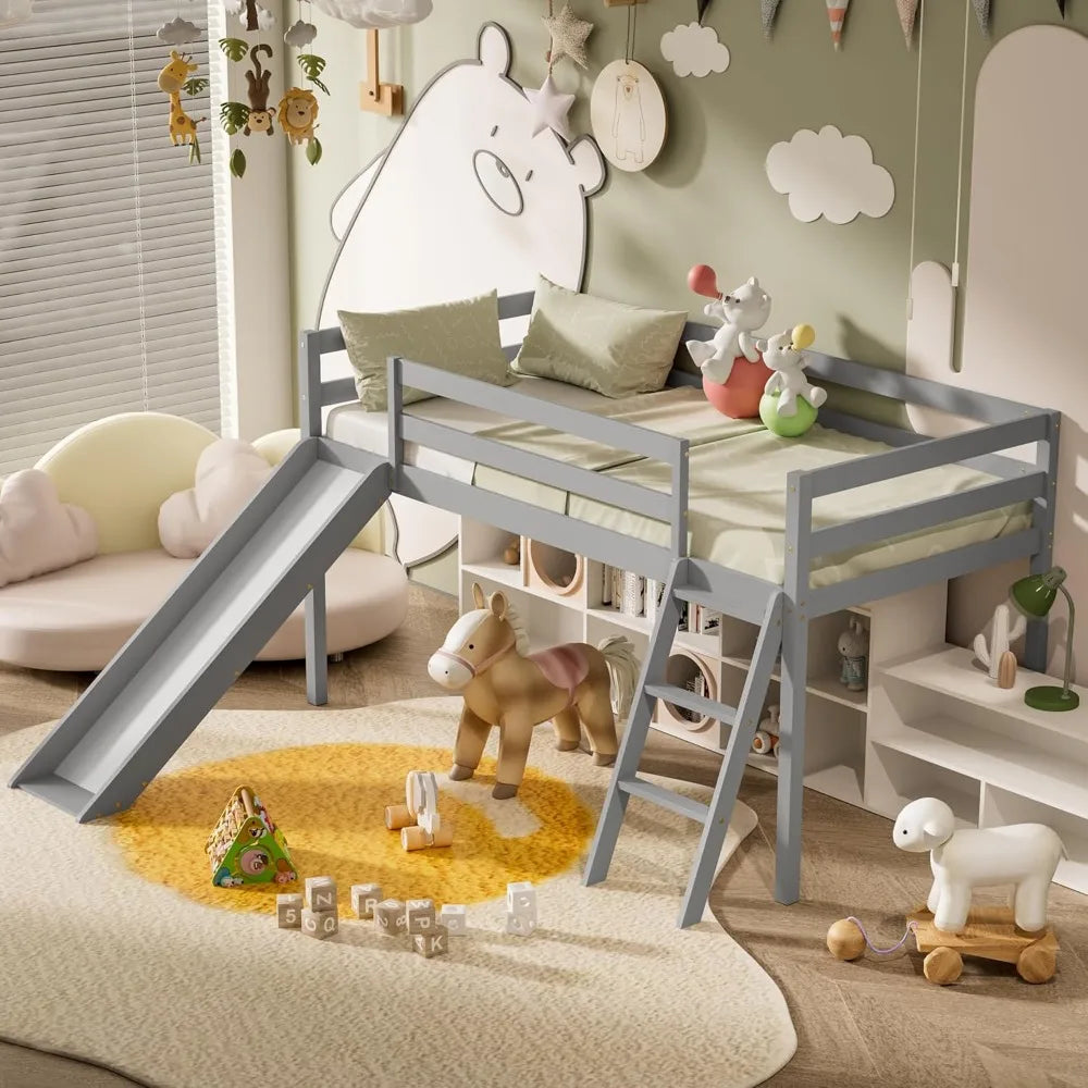Color Wood Twin Loft Bed With Slide Ladder And Under Storage