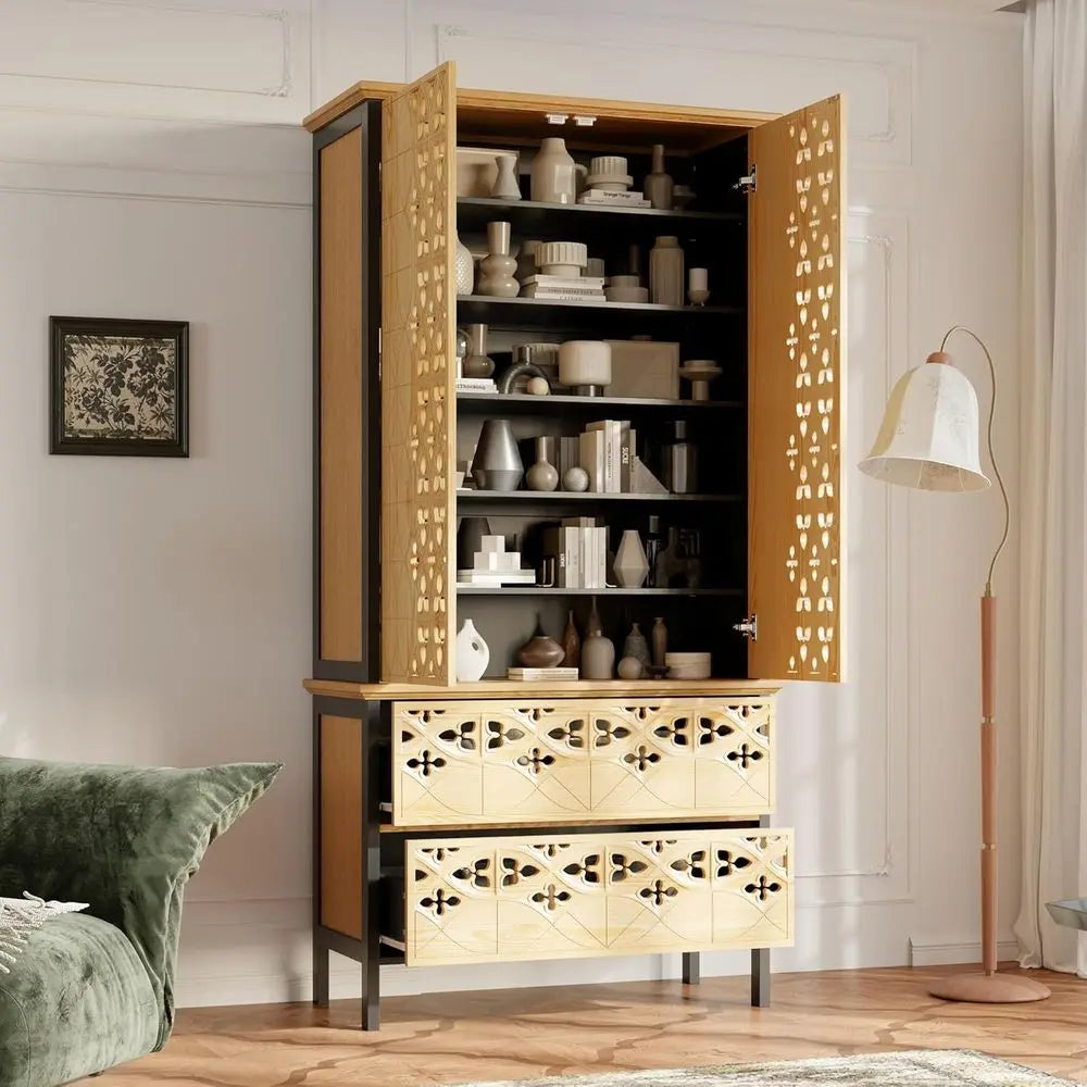 Handmade Bamboo Hollow Carved Storage Cabinet With Five Shelves