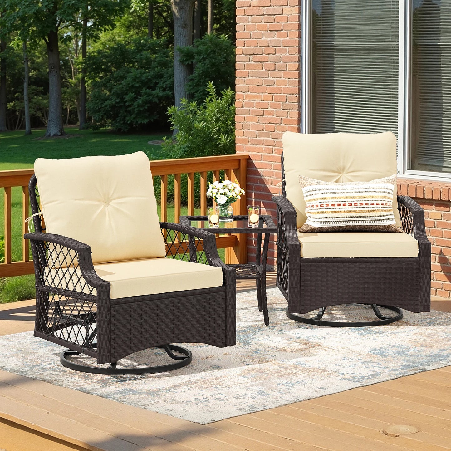 3 Piece Swivel Patio Bistro Set Outdoor Wicker Chairs