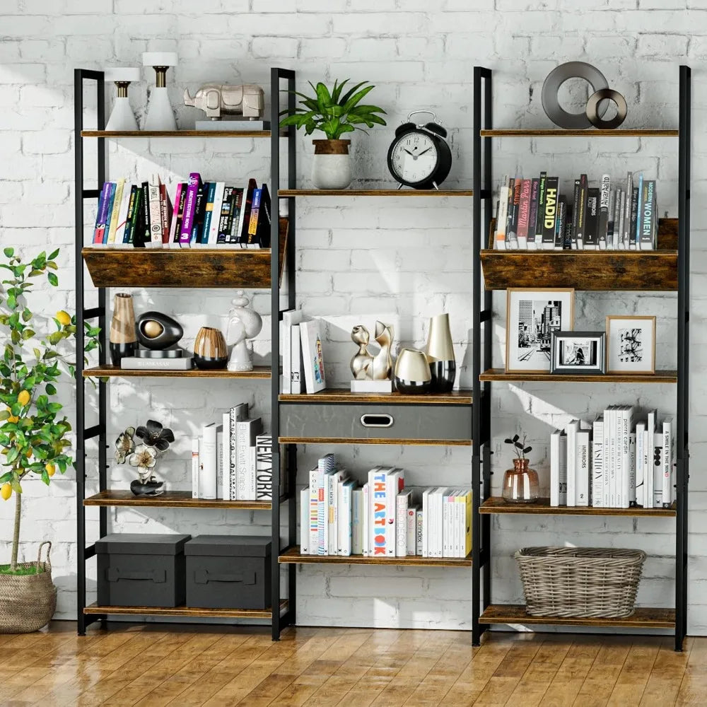 Triple Wide 5 Tier Bookshelf Rustic Industrial Style