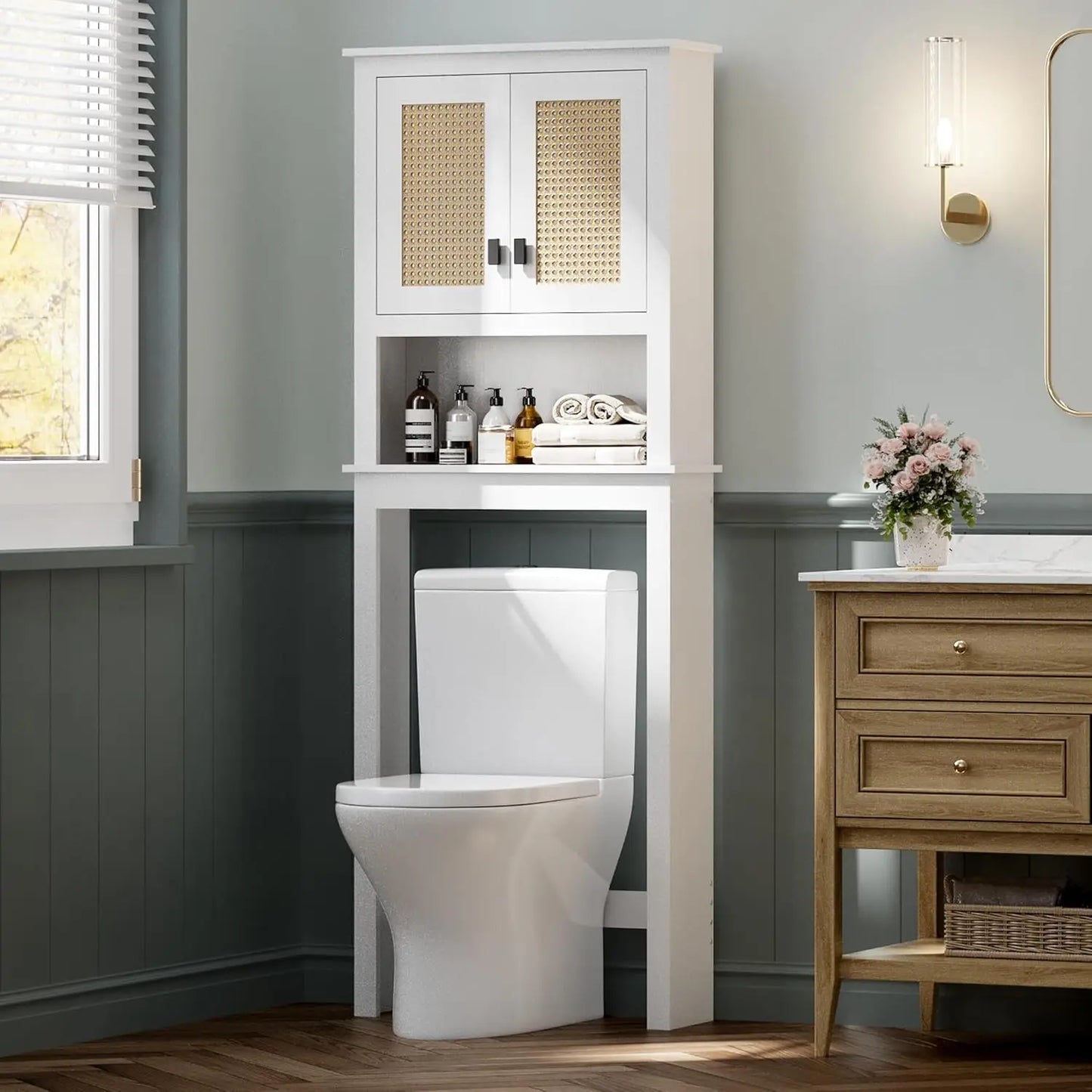 Farmhouse Over Toilet Storage Cabinet With Rattan Doors And Adjustable Shelf