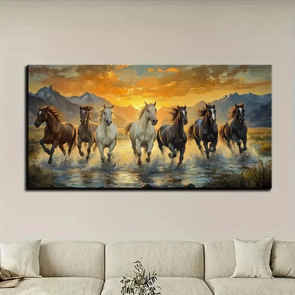 Elegant Feng Shui Seven Horse Canvas Wall Art Decor