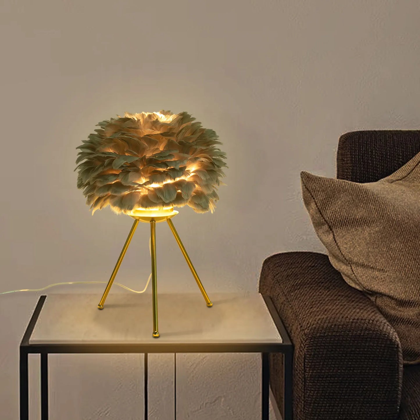 Grey Feather Tripod Desk Lamp For Study Living Room