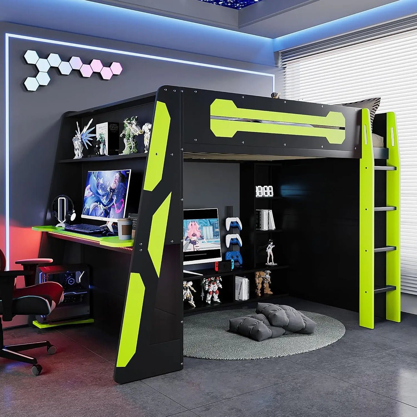 Wood Gaming Loft Bed With Desk Storage LED ChargingStation