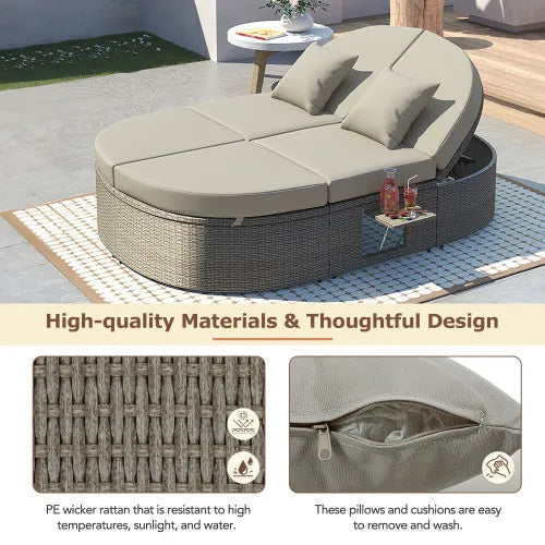 Rattan Outdoor 2 Person Reclining Daybed With Cup Trays
