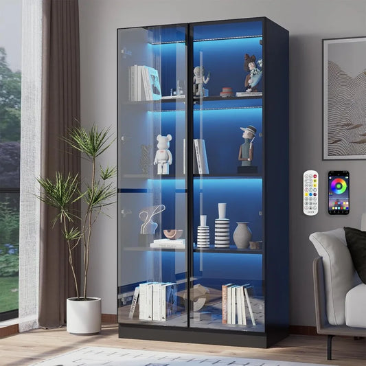 Modern Glass Display Cabinet with LED Lights and 4-Tier Shelves
