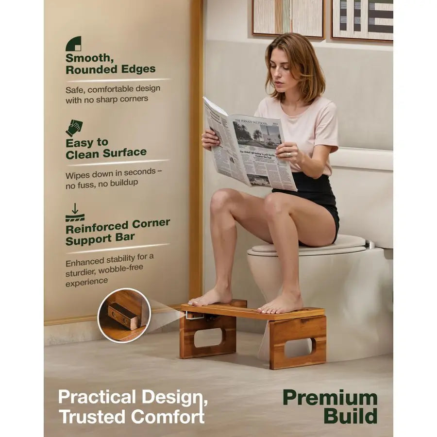 Foldable Toilet Stool Acacia Wood With Adjustable Heights